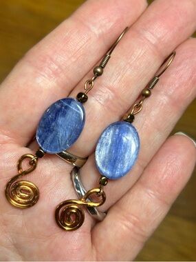 3/$25 Blue Kyanite Stone and Copper Spiral Drop Earrings